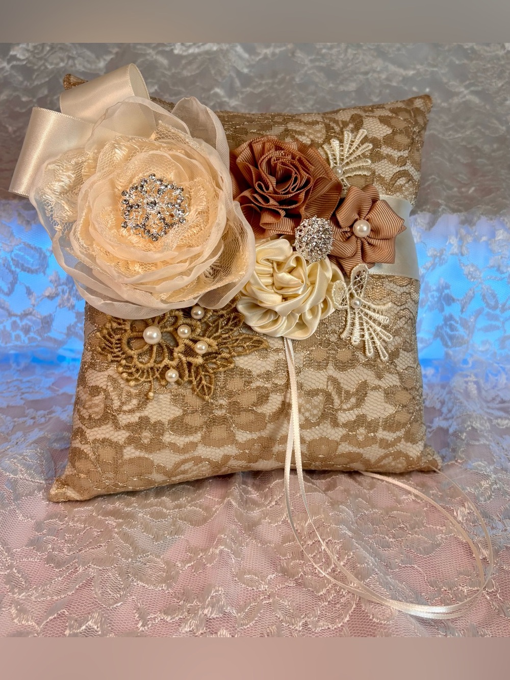 🥂 Handmade Champagne and Ivory Ring Pillow and Flower Basket Set - Picture 2 of 15